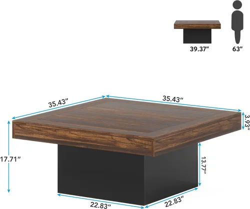 Vista 2 de Tribesigns Mesa de café cuadrada con LED Mesa de café en madera de ingeniería centro bajo de cóctel para sala de estar (marrón rústico+negro)