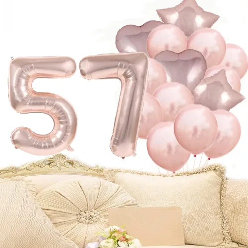 Vista 6 de Decoraciones de cumpleaños número 57, globos de oro rosa con el número 57, globos de aluminio de Mylar 57, decoración de globos de látex, gran