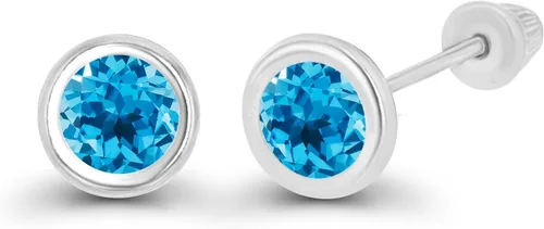 Vista 2 de Aretes de tuerca de oro macizo de 14 quilates, hipoalergénicos, de 0.157 in, con bisel de piedra natal auténtica, con cierre de tornillo