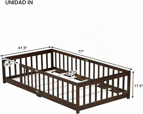 Vista 2 de Twin Size Floor Bed with Slats and Guardrails, Wood Floor Bed, Espresso