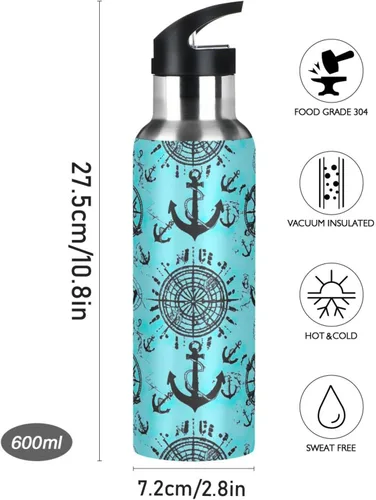 Vista 9 de BPA-Free Sport Water Bottle 32 Oz, Insulated Water Bottle for Gym Outdoor Travel School, Nautical Anchors Teal Black