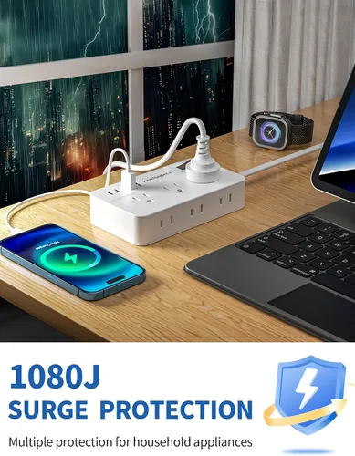 Vista 4 de Regleta protectora de sobretensiones, cable de extensión trenzado de 5 pies, enchufe plano con 6 tomas de corriente y 2 puertos USB-A, 2 puertos
