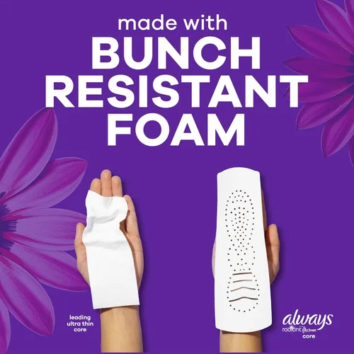 Vista 6 de Always Radiant Toallas Femeninas para Mujeres, Toallas Flexfoam con Alas, Tamaño 5, Absorción Extra Fuerte para la Noche, Ligeramente Perfumadas, 26