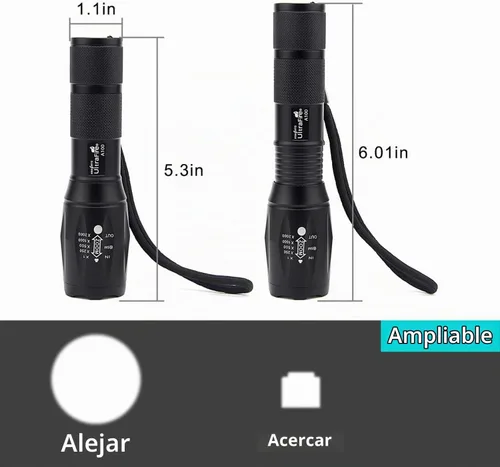 Vista 4 de UltraFire Linterna LED táctica A100 enfocable 3 colores. Lente de vidrio intercambiable 900 lúmenes máx.