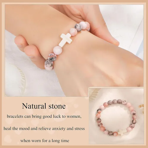 Vista 3 de JoycuFF Christian Gifts for Women Inspirational Gift Cross Bracelet for Women Natural Stone Bracelet for Women First Communion Confirmation Baptism