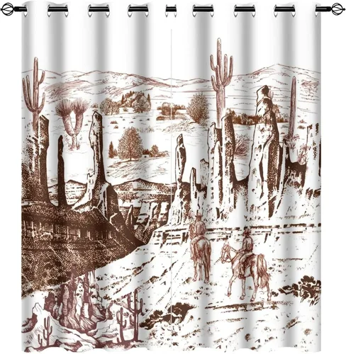 Vista 30 de Cortinas opacas retro de vaquero occidental para dormitorio, estilo rústico, cactus, salvaje oeste, vaquero, paseo, caballo, con ojales, aislamiento