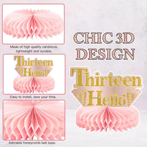 Vista 4 de 9 piezas de decoración de cumpleaños número 13, centros de mesa de cumpleaños rosa rosa dorado para niñas, centros de mesa de feliz cumpleaños 13