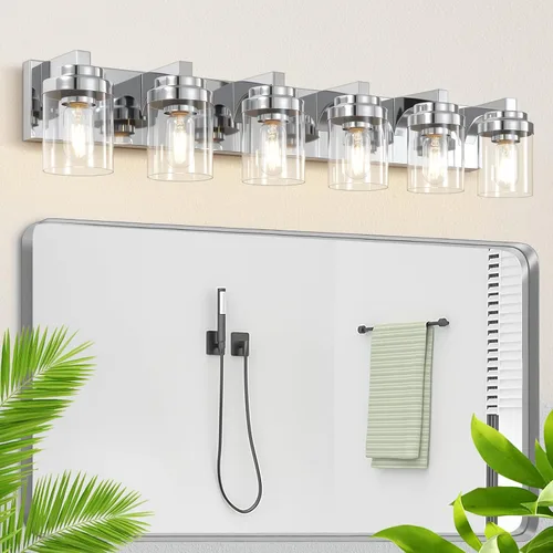 Vista 12 de Luces de tocador, lámparas de baño de 38 pulgadas sobre espejo, 6 luces de tocador de baño con pantalla de vidrio transparente, lámparas de pared
