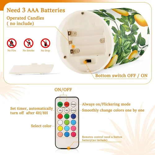 Vista 4 de Velas sin llama, funciona con pilas, acuarela, limones amarillos, parpadeantes, con control remoto, hojas verdes de verano, velas de luz cálida que