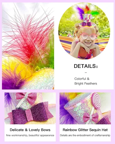 Vista 4 de Sweet Mini Top Hat Lollipop Diadema con plumas Disfraz de sombrero loco Accesorio de disfraz de caramelo para Mardi Gras, Halloween, fiesta de té