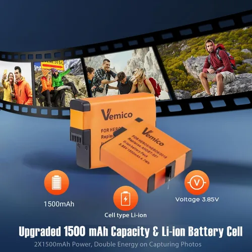 Vista 3 de Vemico Hero 7 Kit de cargador de batería con 1500 mAh 2 paquetes Hero 5 Baterías USB-C Cargador de 3 ranuras para Hero 7 Negro, Hero 6 Negro, Hero 5