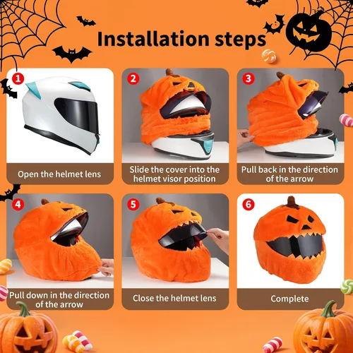 Vista 7 de VCOROS Cubierta de casco de motocicleta de calabaza de Halloween, cubierta de casco de cara completa esponjosa para paseos divertidos