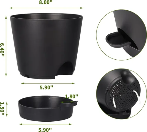 Vista 4 de Macetas de riego automático de 8 pulgadas para interiores, paquete de 6 macetas de plástico con agujeros de drenaje, color negro