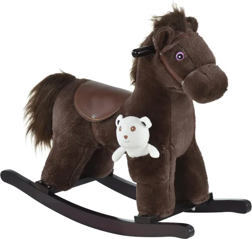 Vista 11 de Qaba Caballo mecedor de peluche para niños con juguete de oso, silla para niños con juguete de felpa suave y divertidos sonidos realistas, rosa