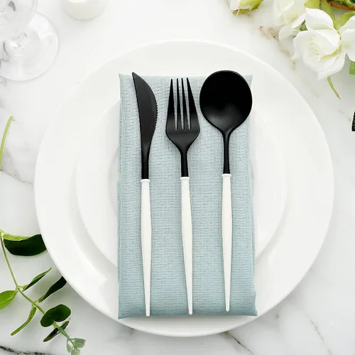 Vista 11 de Cubiertos de plástico Silverwar de plástico plateado con mango azul, cubiertos desechables pesados que incluyen 8 tenedores, 8 cucharas, 8 cuchillos