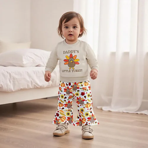 Vista 10 de BemeyourBBs Conjunto de sudadera de manga larga de pavo para niña con pantalones acampanados, ropa de otoño