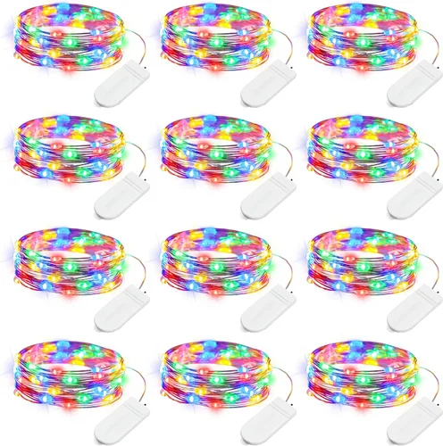 Vista 11 de Brightown - Paquete de 12 luces LED de hadas multicolor con pilas, resistentes al agua, cable plateado de 7 pies, 20 luces LED de luciérnagas