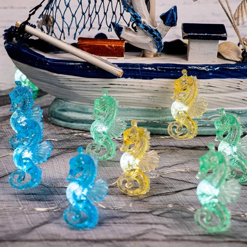 Vista 5 de Guirnalda de luces de caballito de mar con temática oceánica, 10 pies, 30 luces LED, funciona con pilas, decoración náutica costera de playa