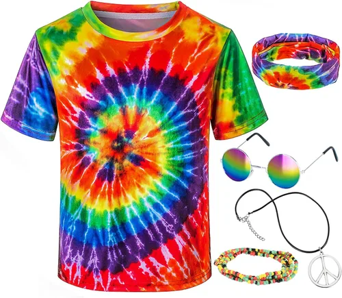 Vista 2 de Disfraz hippie para hombre Momen 60s 70s playera colorida 5 piezas accesorios para fiesta temática