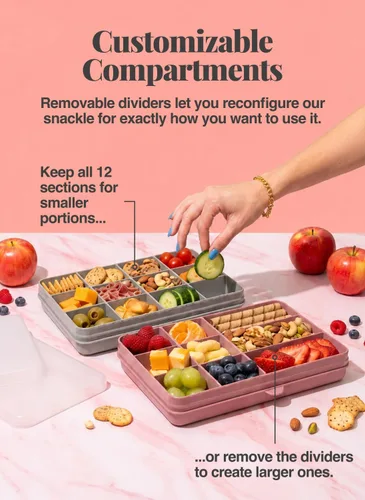 Vista 3 de melii Snackle Box Contenedor de aperitivos de 12 compartimentos con separadores extraíbles, almacenamiento de alimentos sin BPA para viajes