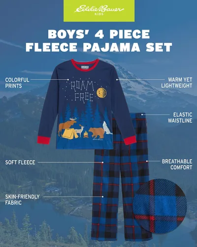 Vista 2 de Eddie Bauer Conjunto de pijama para niño - Acogedor conjunto de ropa de dormir de invierno de forro polar - Camisa de manga larga de 4 piezas