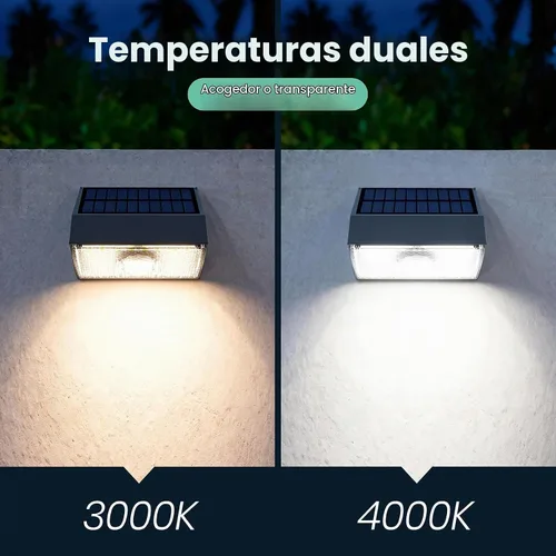 Vista 2 de Luz solar para valla al aire libre, 4000K 3000K Luz de pared solar 1000LM