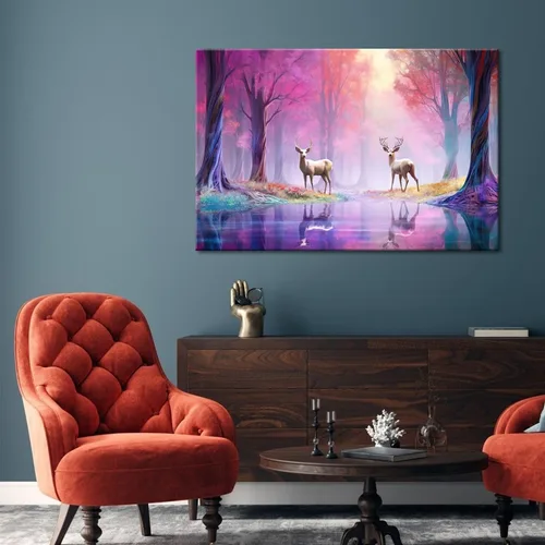 Vista 4 de GLOKAKA Decoración contemporánea para el hogar, arte de pared, paisaje, estampado de animales, ciervos en los bosques coloridos, decoración estética