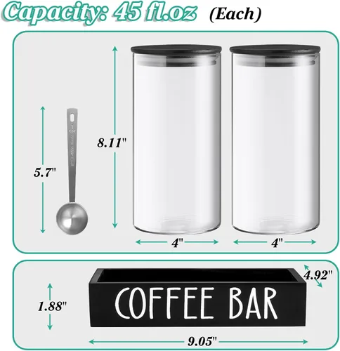 Vista 5 de Recipiente de Vidrio para Café Molido - Juego de 2 Piezas de 45oz de Recipientes para Café y Azúcar con Tapas Herméticas de Bambú y Bandeja Negra