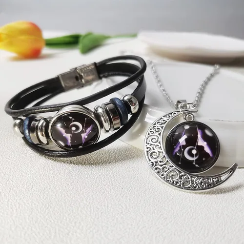 Vista 4 de YANCHUN - Collar y pulsera de cuero modernos con 12 constelaciones del zodiaco, astrología, galaxia y luna creciente para hombre y mujer, juego de 2