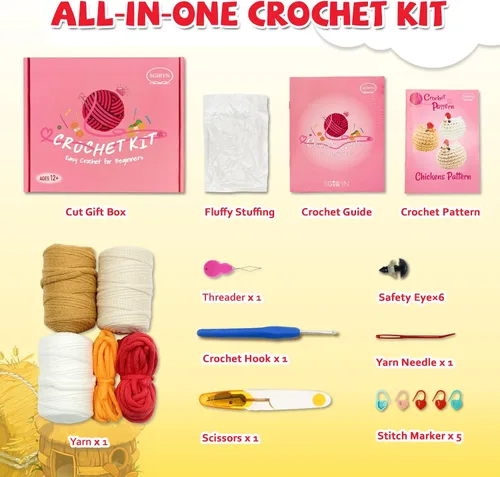 Vista 3 de SGIBYN Kit de Ganchillo para Principiantes con Tutoriales en Video Paso a Paso, Kit de Amigurumi de Pollos de Ganchillo de Inicio para Adolescentes