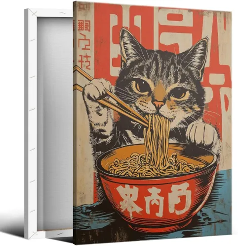 Vista 13 de Arte de pared vintage de gato japonés en lona, póster de gato negro peculiar comiendo ramen, impresión de arte retro de animales divertidos