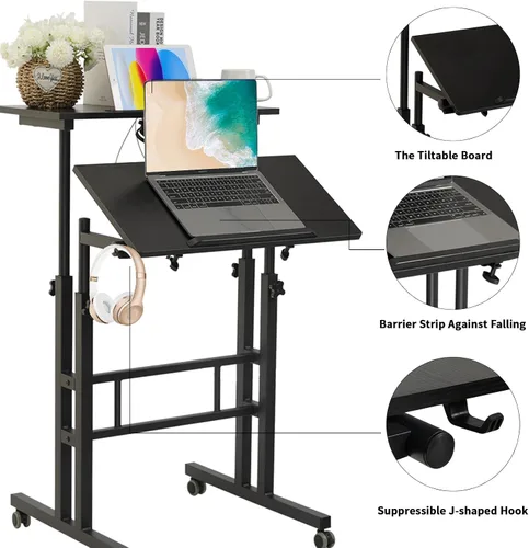 Vista 8 de Hadulcet Escritorio móvil de pie con estación de carga, escritorio ajustable para computadora de pie, carrito ajustable para laptop con ruedas