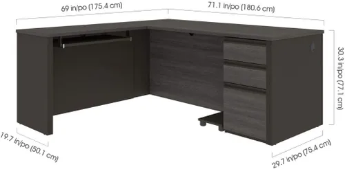 Vista 7 de Bestar Prestige + Escritorio en forma de L con pedestal, 72 W, gris ladrido y pizarra With Pedestal; 1 file drawer; for home office use
