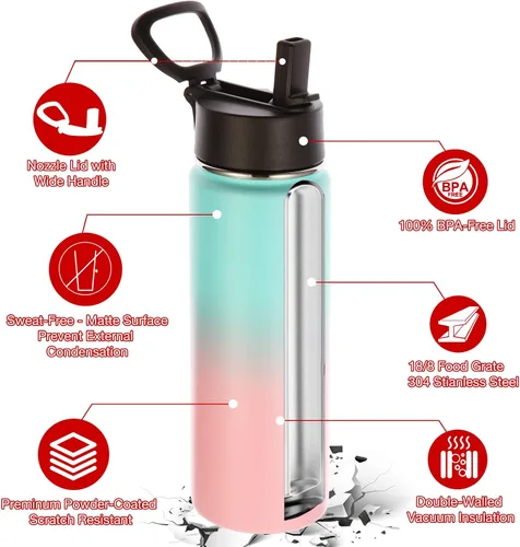 Vista 5 de Volhoply Botellas de agua aisladas de 22 onzas con tapa con pajilla, botella deportiva de acero inoxidable con asa, tazas de agua de viaje de metal