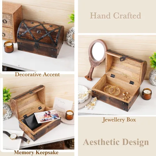 Vista 2 de Ajuny Cofre del tesoro de madera Joyero pirata, baúl de recuerdo antiguo, soporte decorativo de madera para baratijas, pequeño organizador