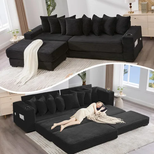 Vista 10 de Sofá modular moderno de 111 pulgadas, sofá de pana en forma de L con diván izquierdo, salón extra ancho, 8 almohadas, juego de sofá esquinero