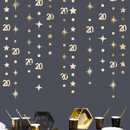 Vista 7 de Decoraciones negras de 20 cumpleaños número 20 círculo estrella metálica colgante serpentina telón de fondo para mujeres y hombres saludos a 20 años