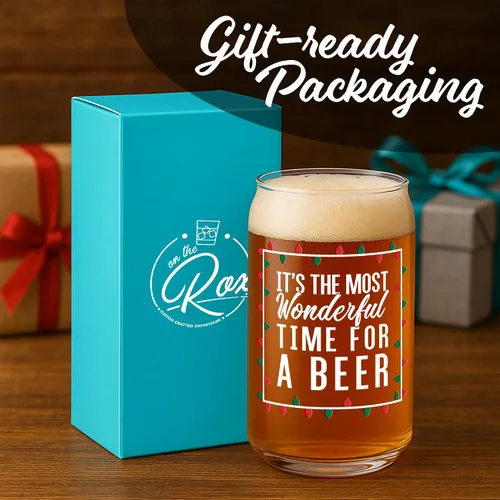 Vista 4 de On The Rox El momento más maravilloso para una cerveza: rojo, verde y blanco, vaso de 16 onzas, ideal para hombres y mujeres, vaso divertido