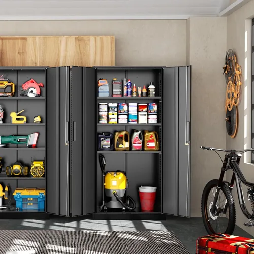 Vista 2 de Greenvelly Armario de almacenamiento de metal de 72 pulgadas de alto con 2 puertas y 4 estantes ajustables, gabinete de metal negro con cerradura