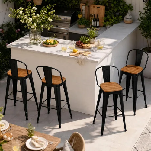 Vista 7 de Taburetes de bar de metal para exteriores, juego de 4,24 pulgadas, taburete de bar de altura de mostrador con respaldo alto, sillas de comedor