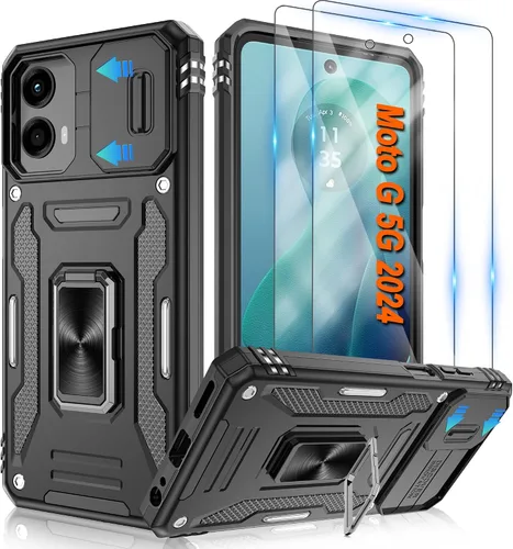 Vista 21 de Atump Funda para Motorola Moto G Play 2024 (4G) con [paquete de 2] protector de pantalla HD y cubierta para cámara deslizante, soporte de anillo