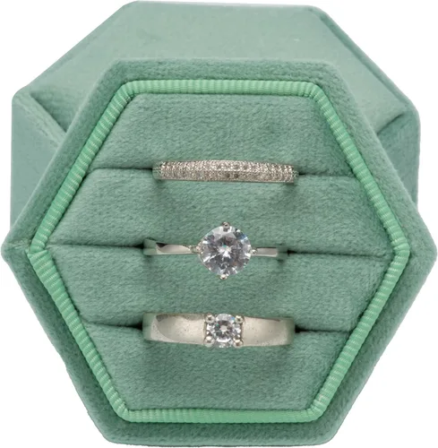 Vista 7 de Caja hexagonal para anillos de terciopelo con 3 ranuras para ceremonia de boda, propuesta, compromiso, cumpleaños (verde salvia)