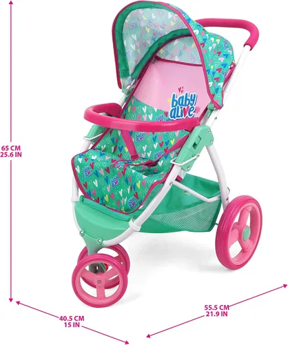 Vista 4 de Baby Alive: Cochecito de muñeca para correr - Verde, Rosa, Corazones - Accesorio para muñecas de hasta 24", Diseño plegable, Toldo retráctil