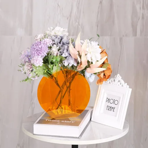 Vista 3 de Jarrón de acrílico naranja, moderno jarrón de acrílico geométrico de boca ancha, florero naranja para centros de mesa, jarrón de flores