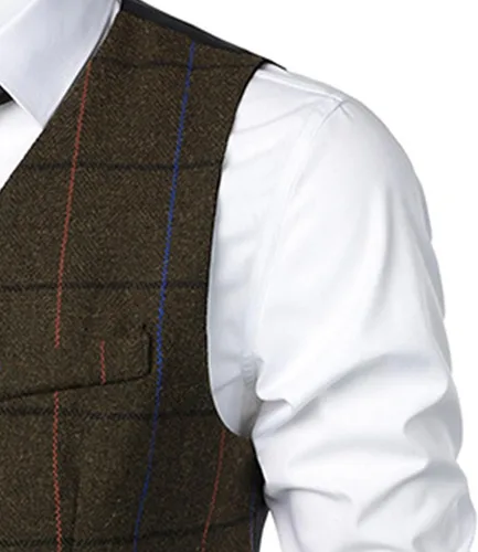 Vista 5 de Mens Slim Formal Business Waistcoat Casual Plaid Soft Suit Vest Classic Button Collar Sleeveless Coats Coffee