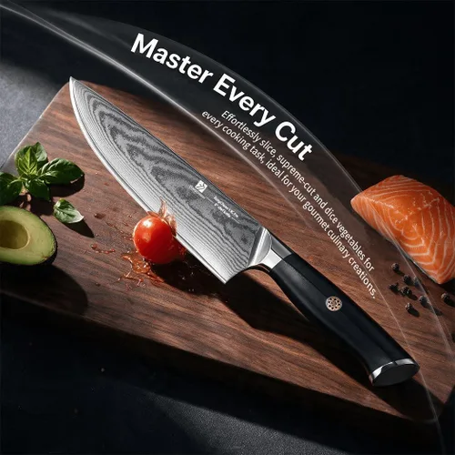Vista 5 de Cuchillo de chef de Damasco de 8 pulgadas, cuchillo de cocina de acero inoxidable de alto carbono de 67 capas con mango ergonómico G10, funda