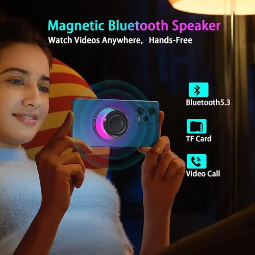 Vista 2 de Altavoz Bluetooth magnético, altavoz Bluetooth de inducción inalámbrico, mini soporte portátil para teléfono celular para iPhone, cordón y luz
