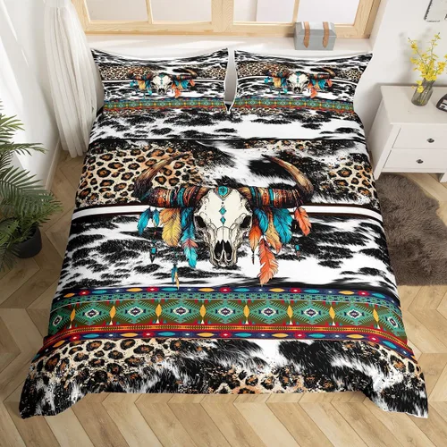 Vista 11 de Erosebridal Funda de edredón de piel de vaca marrón con estampado de vaca de las tierras altas, juego de ropa de cama occidental exótico azteca