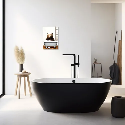 Vista 2 de QIXIANG Lienzo decorativo de oso para decoración de baño, diseño de oso divertido en la bañera, impresiones de imágenes de tema moderno de animales