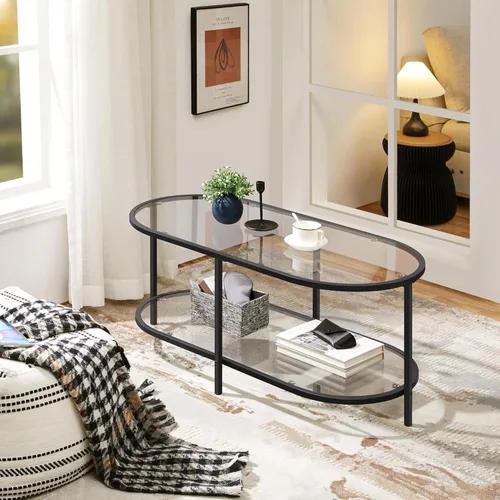 Vista 9 de Yaheetech Mesa de centro de cristal, pequeña mesa central negra con estante de almacenamiento para sala de estar, espacio pequeño, apartamento